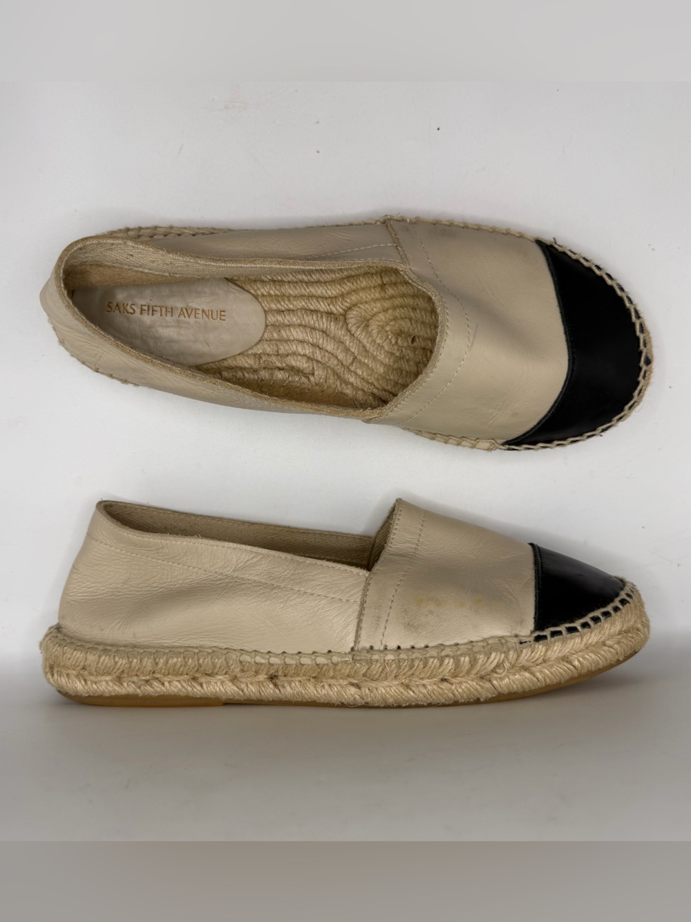 Saks Fifth Avenue white leather slip-on espadrilles